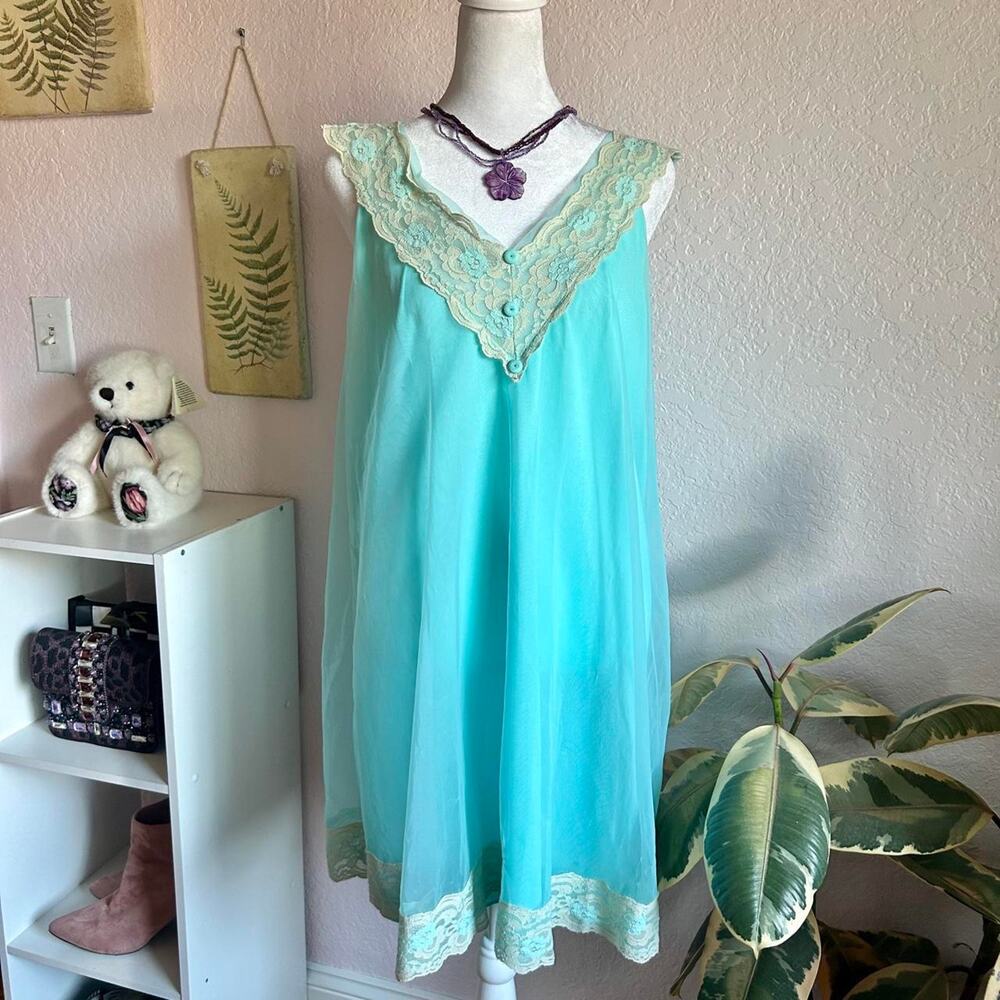 Vintage 1960s turquoise blue semi sheer nightgown
